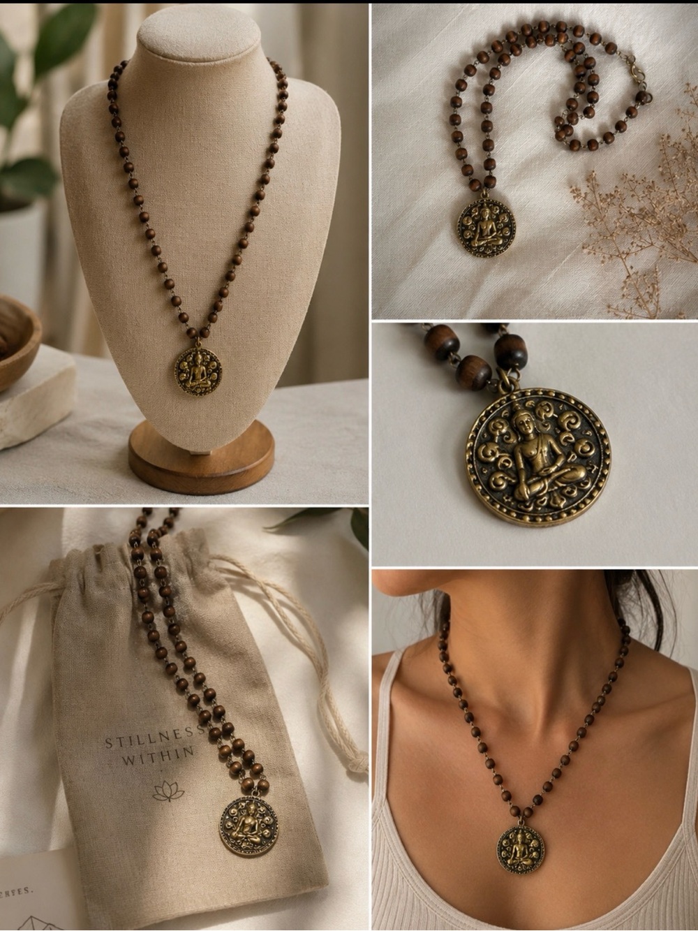 Free people Brown Beaded Necklace with Antiqued Gold Lotus Pendant
